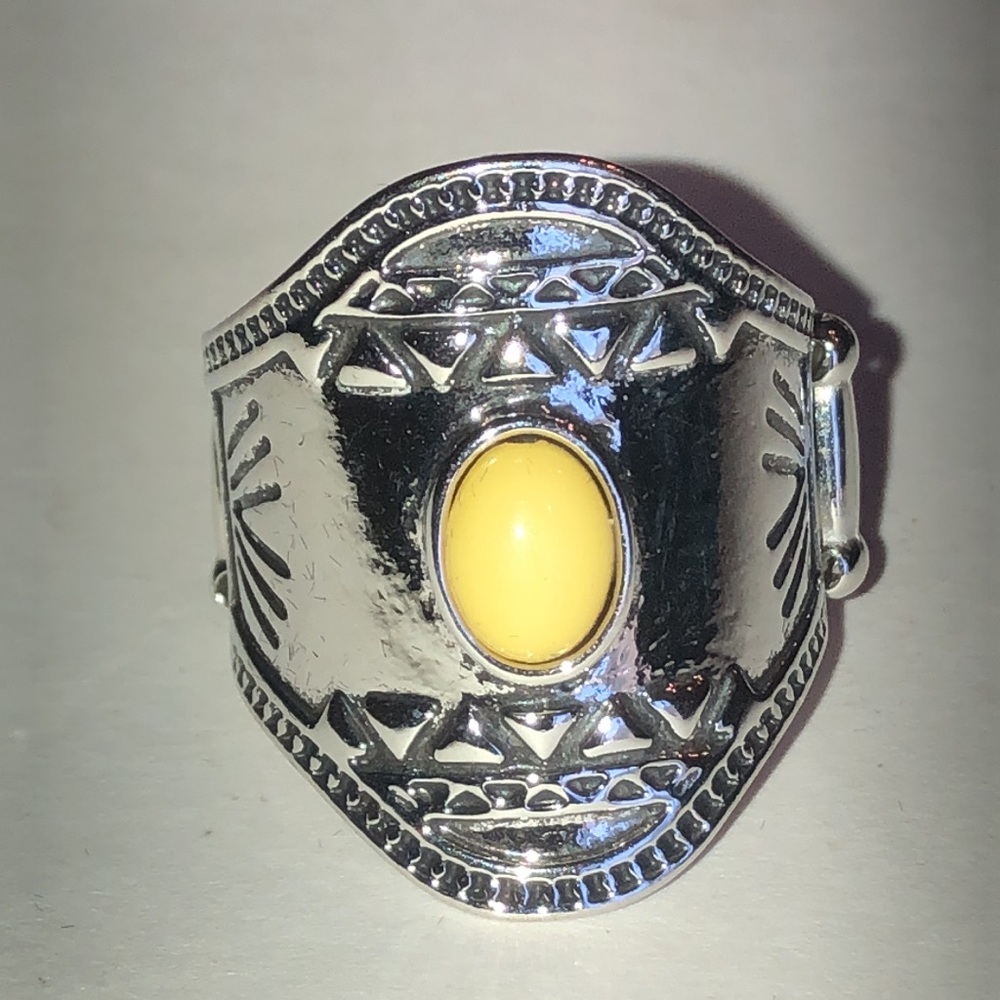 Yellow Stone Silver Tone Boho Statement Ring